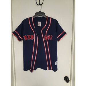 Kids deep navy blue and red Boston Red Sox full button up embroidered jersey